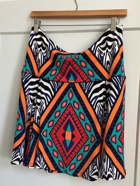 Vibrant Geometric A-Line Skirt in Teal, Orange & Black